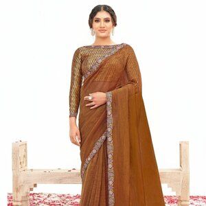 Exquisite Women's Crepe Shimmer Silk Brown Saree with Brocade Jacquard Blouse